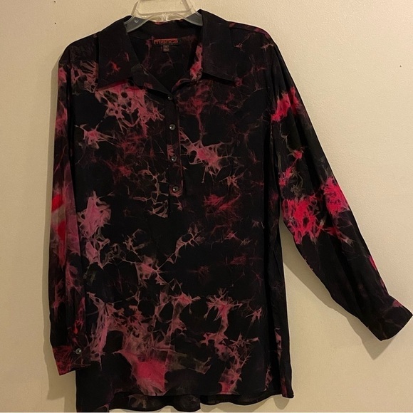 Mishca Top Popover Size XL Paint Spattered Long Sleeve Black Pink Blouse - Picture 1 of 9